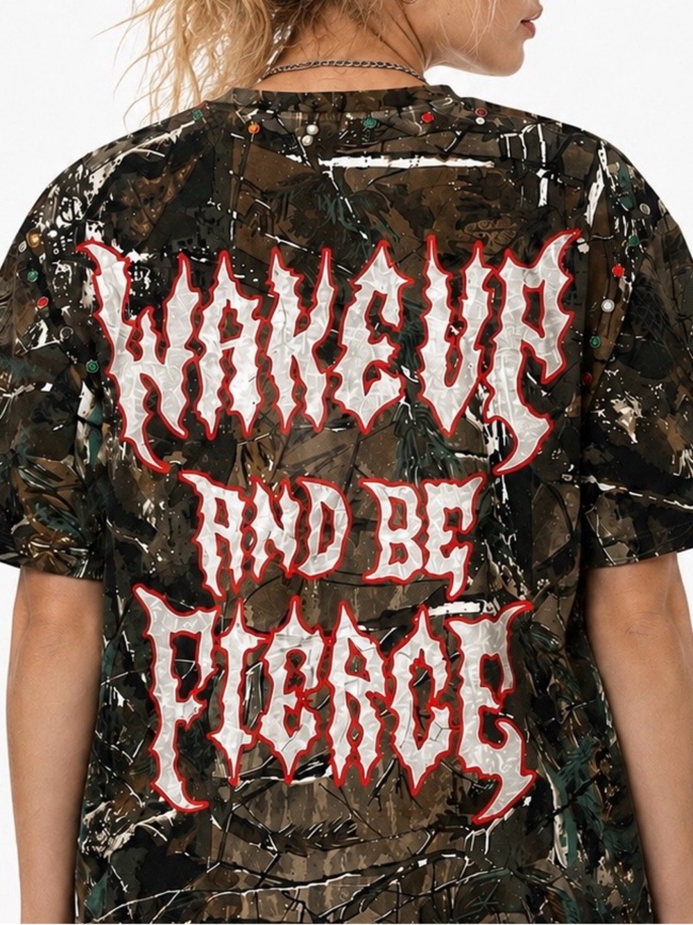 FIRST ROW “Wake Up and Be Fierce” Camo Graphic Tee NWT SIZE MEDIUM